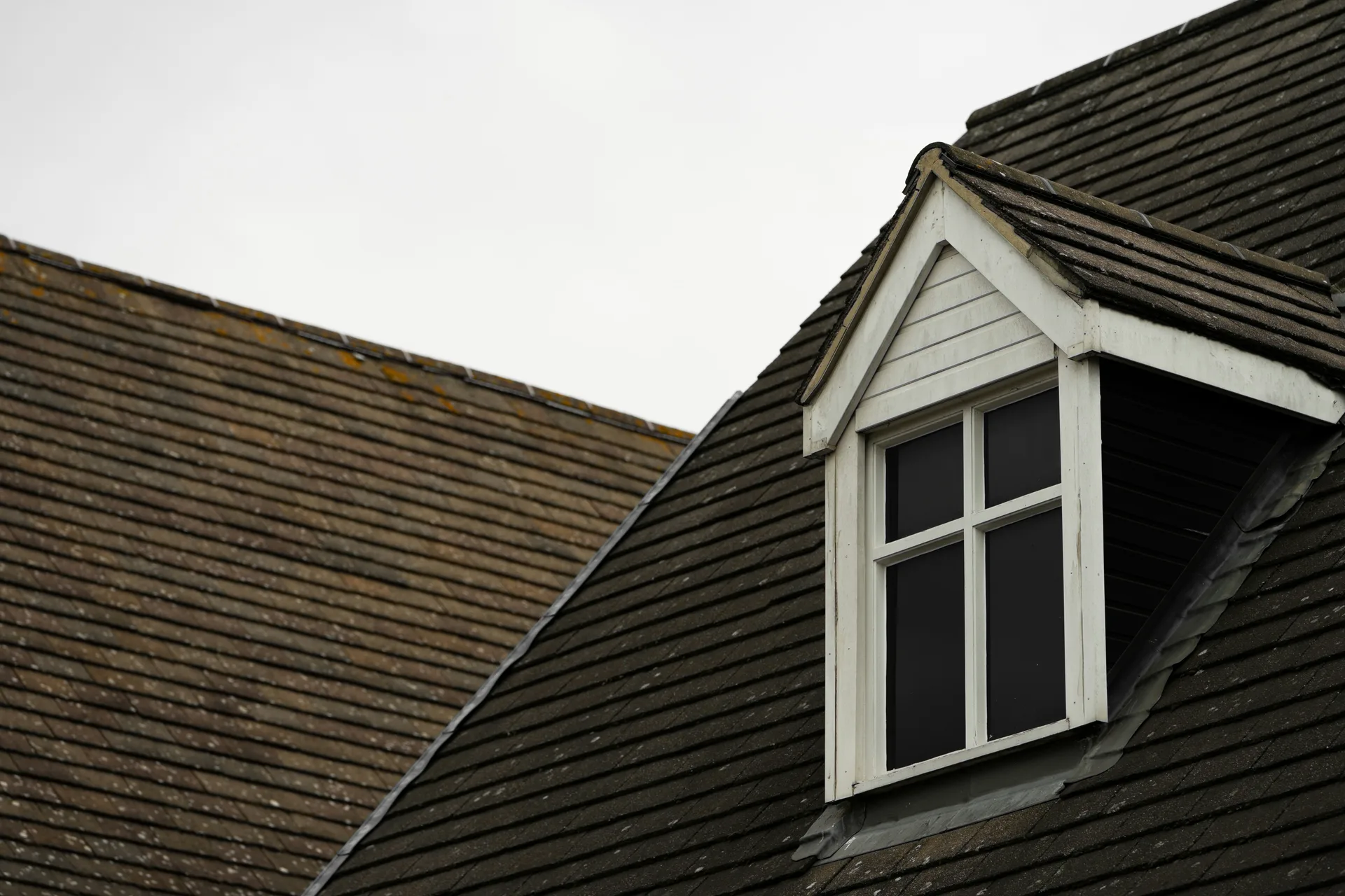 Weathered tile roof with white-trimmed dormer window against overcast sky