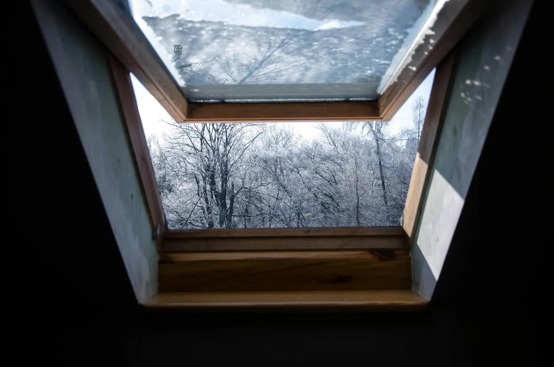 Open skylight window showing frost-covered bare trees in winter landscape viewed from inside